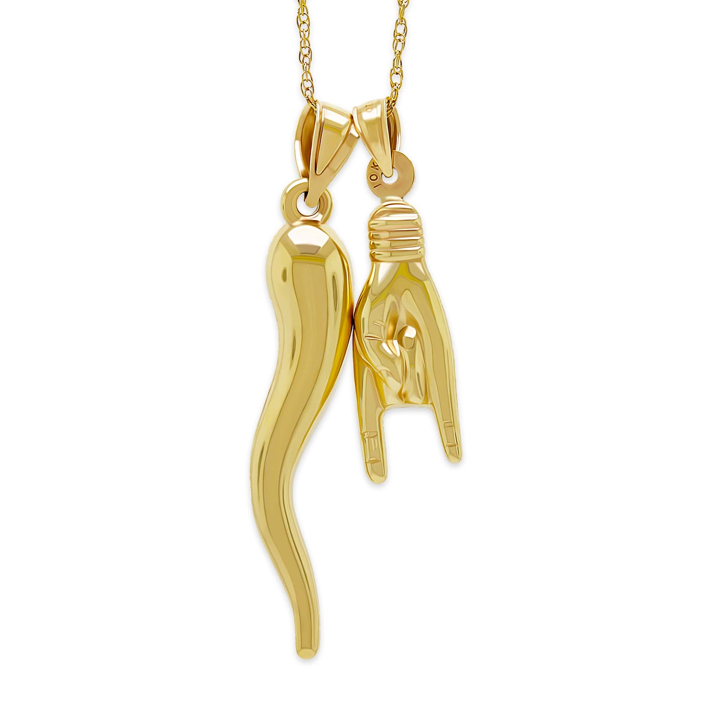 gold Italian horn pendant with good luck hand sign pendant