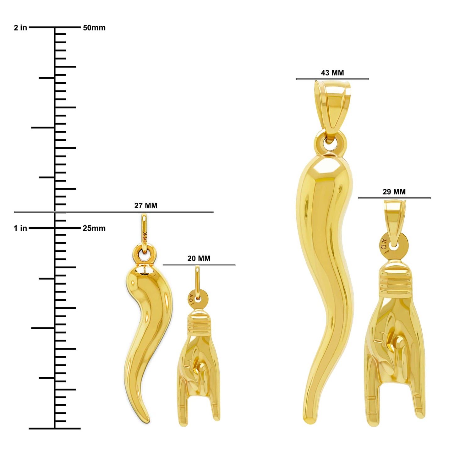 Gold Italian horn pendant with gold Mano hand charm