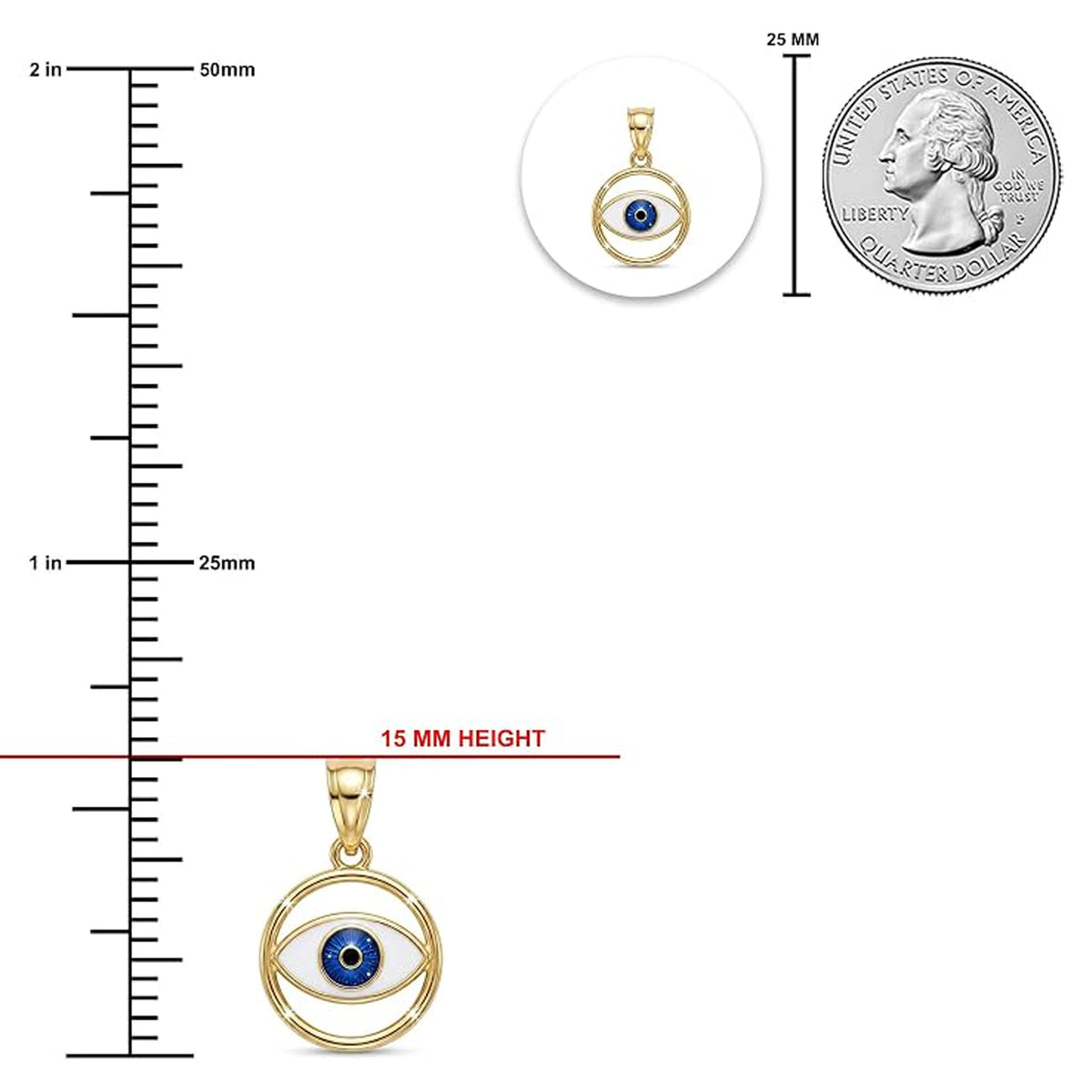 Gold evil eye pendant with a blue and white eye motif, shown with a vertical ruler indicating 15 mm height, a 25 mm coin for scale, and a small inset of the pendant on a white background.