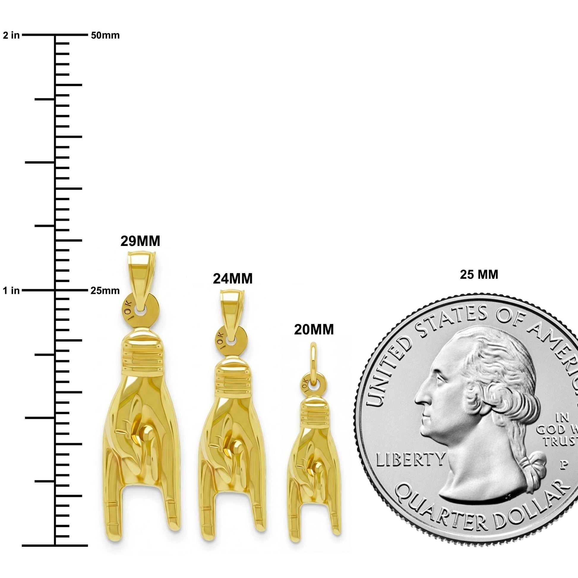 Gold pendants with measurements and a quarter for scale on a white background