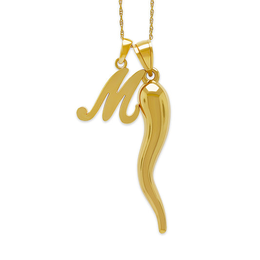 gold Italian horn with small uppercase initial necklace 