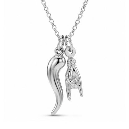 Silver Italian Horn with Hand Sign Necklace