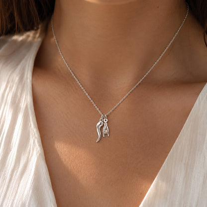 Silver Italian Horn with Hand Sign Necklace