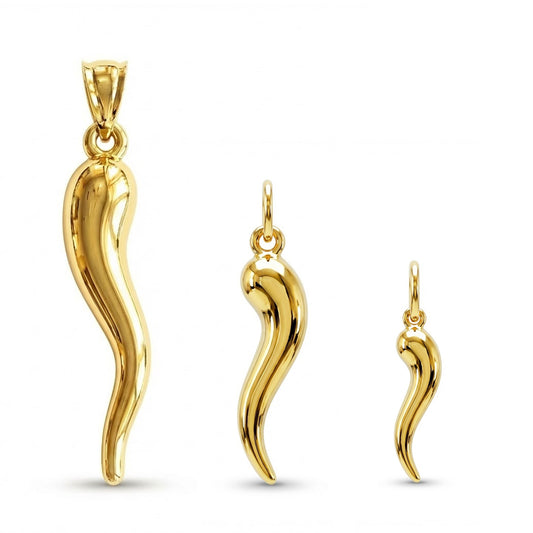 10K solid gold Italian horn charm pendants in different sizes with high polish finish on white background
