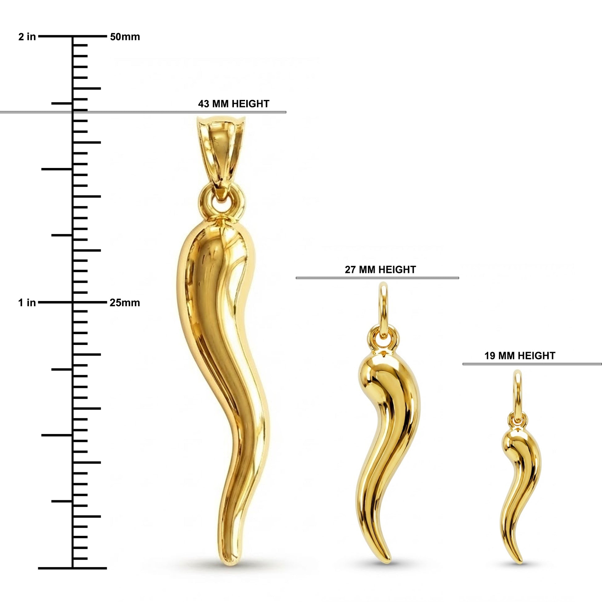 size comparison of small medium and large gold Italian horn charms