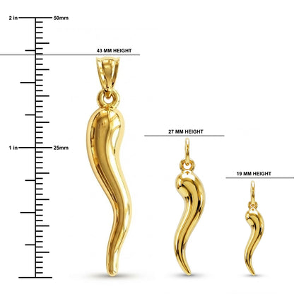 size comparison of small medium and large gold Italian horn charms