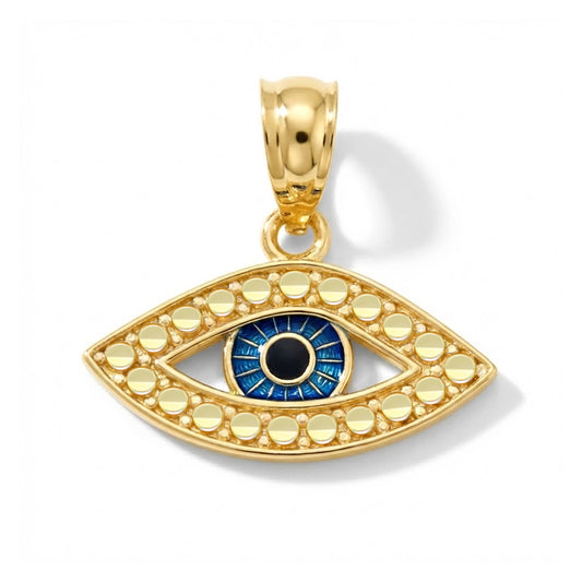 Gold evil eye pendant with blue enamel on a white background