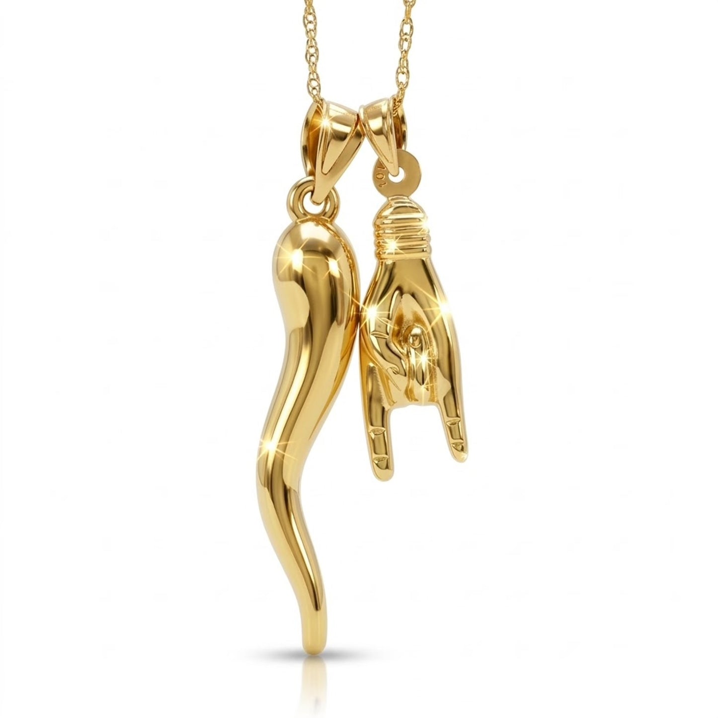 Gold italian horn and hand with gold chain 
