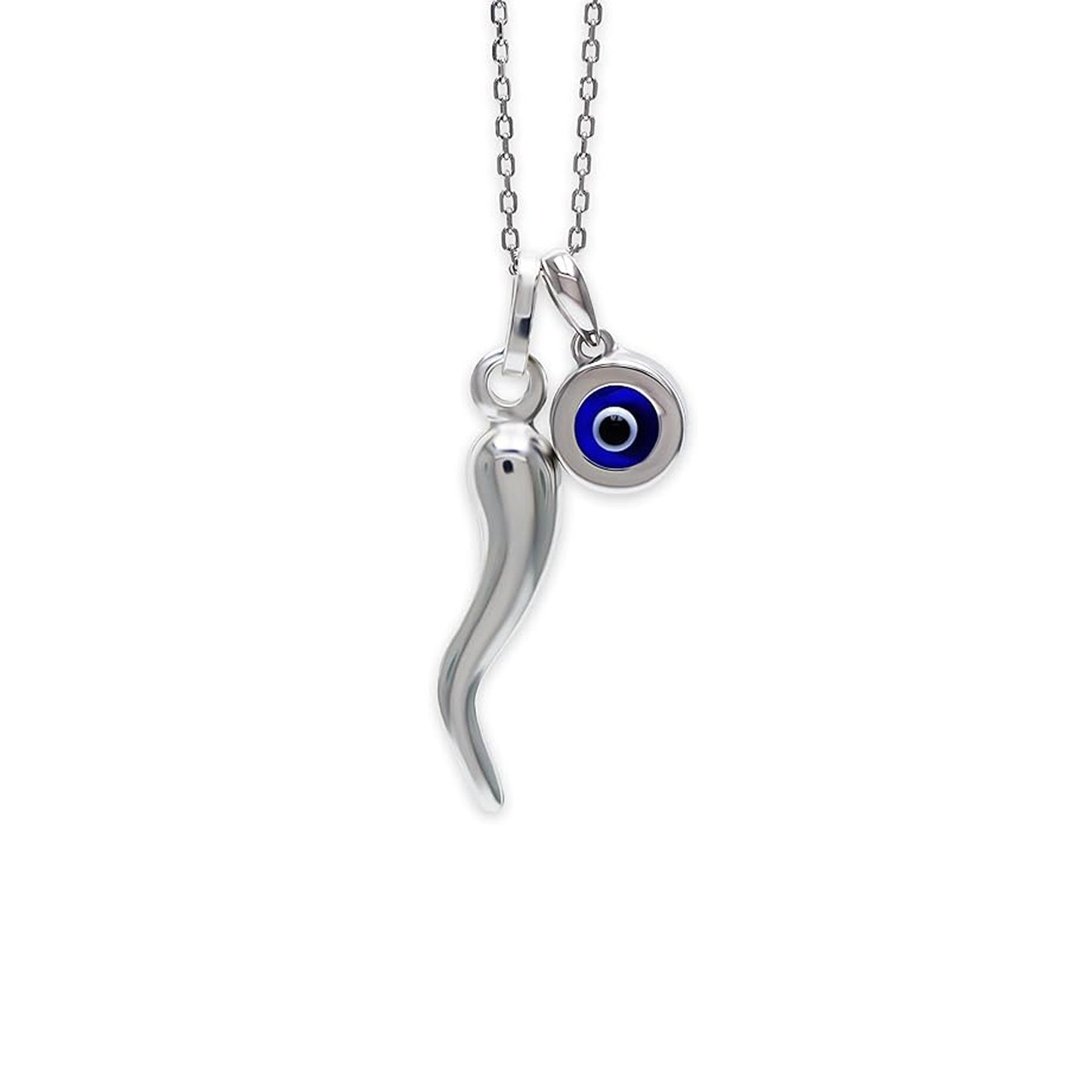 Silver Italian Horn with Evil Eye Necklace