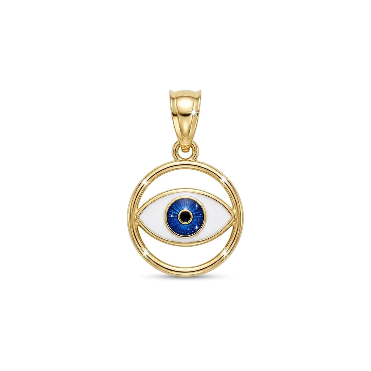 A gold pendant featuring an evil eye design with a white enamel iris, a blue iris, and a black pupil, enclosed in a circular gold frame with a top bail.