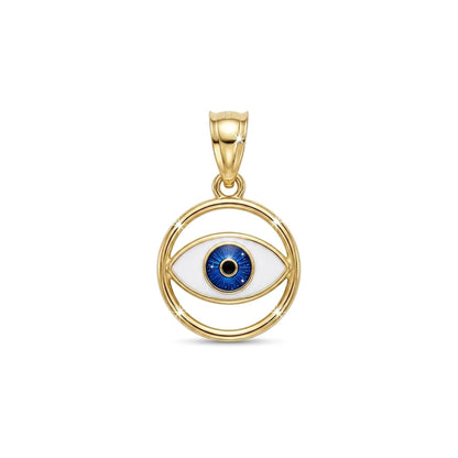 A gold pendant featuring an evil eye design with a white enamel iris, a blue iris, and a black pupil, enclosed in a circular gold frame with a top bail.