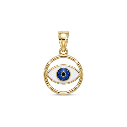 A gold pendant featuring an evil eye design with a white enamel iris, a blue iris, and a black pupil, enclosed in a circular gold frame with a top bail.