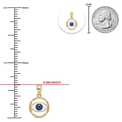 Gold evil eye pendant with a blue and white eye motif, shown with a vertical ruler indicating 15 mm height, a 25 mm coin for scale, and a small inset of the pendant on a white background.