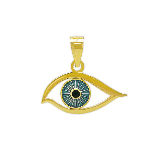 10 karat gold evil eye charm with blue and green enamel 