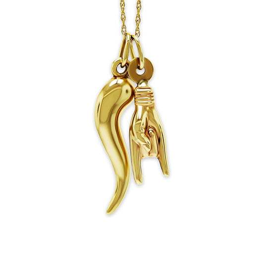 10K Yellow Gold Italian Horn & Mano Cornuto Hand Pendant 
