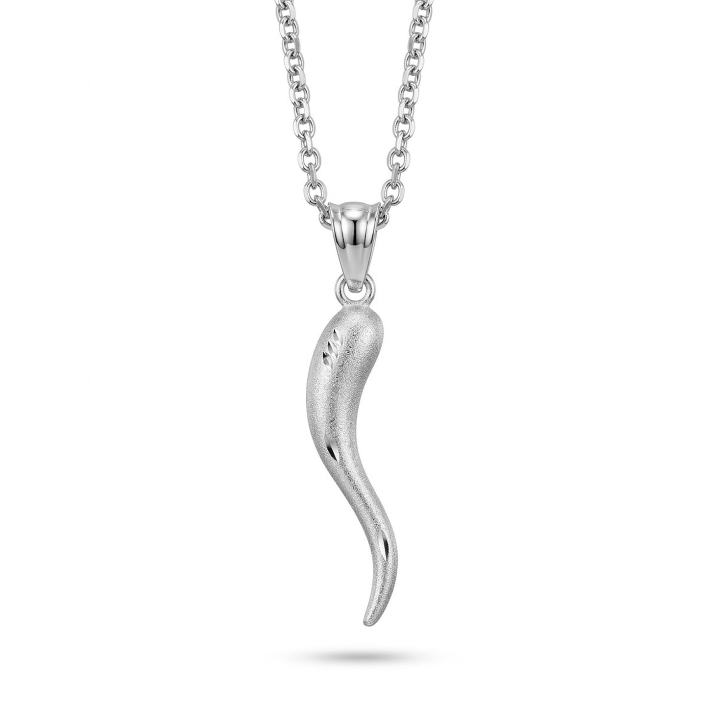 A silver pendant necklace featuring a curved, textured horn or horn-like charm on a matching silver box chain, shown against a plain white background.