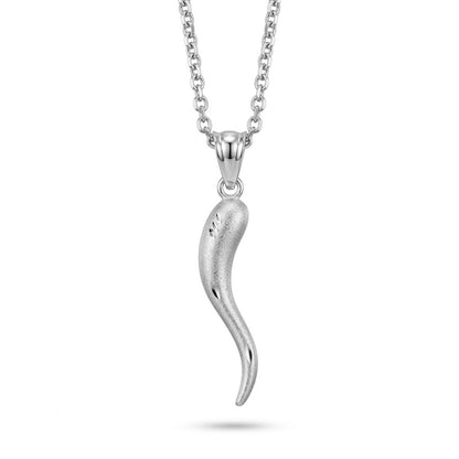 A silver pendant necklace featuring a curved, textured horn or horn-like charm on a matching silver box chain, shown against a plain white background.