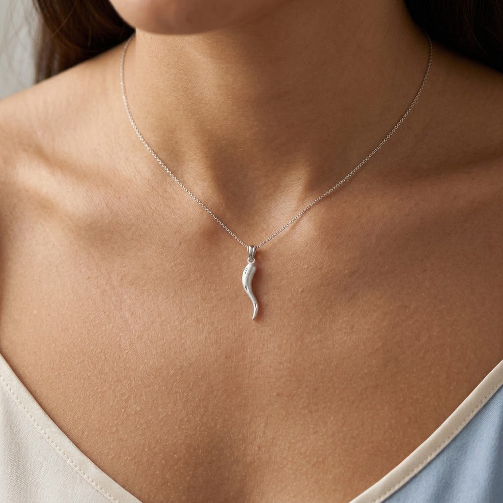 Silver necklace with a pendant on a person's neck
