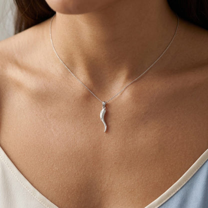 Silver necklace with a pendant on a person's neck