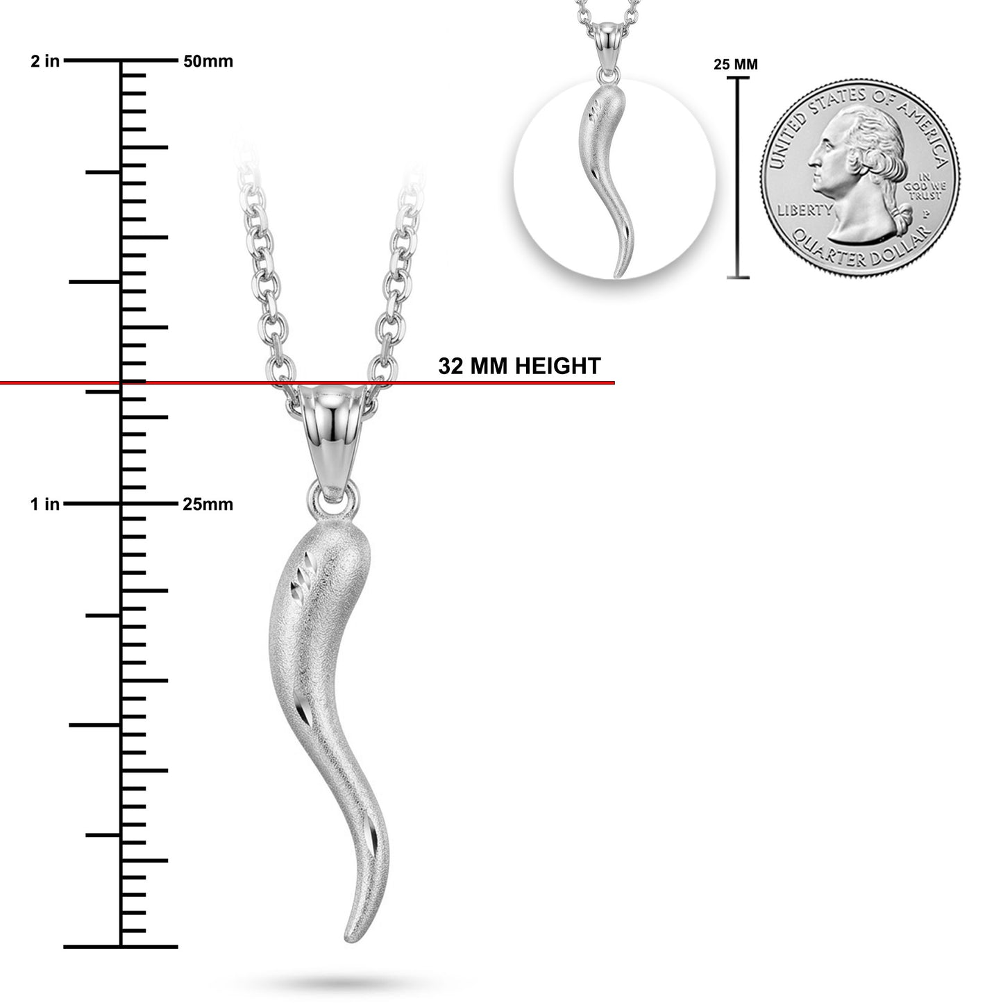 Silver pendant necklace with measurements and a quarter for scale on a white background