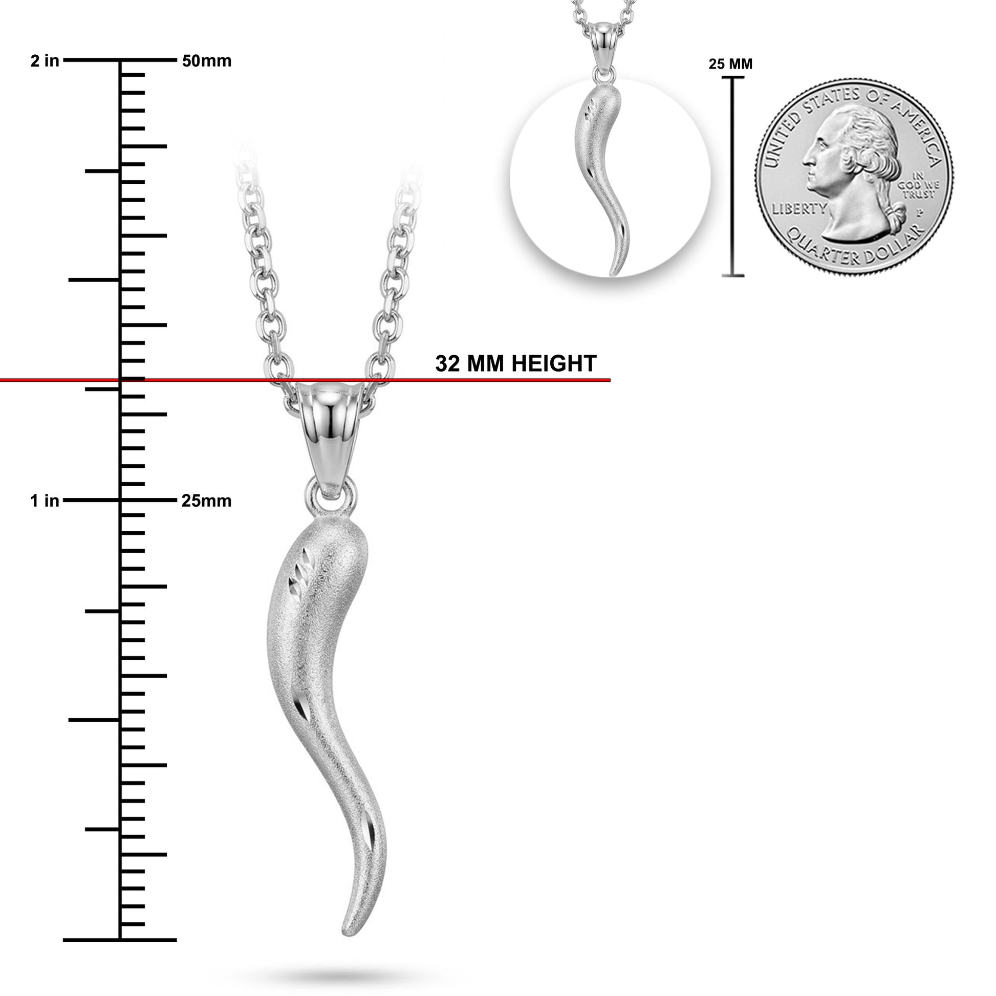Silver pendant necklace with measurements and a quarter for scale on a white background