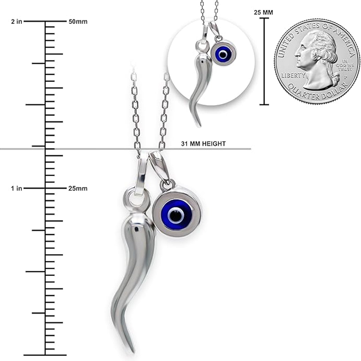 Silver Italian Horn with Evil Eye Necklace