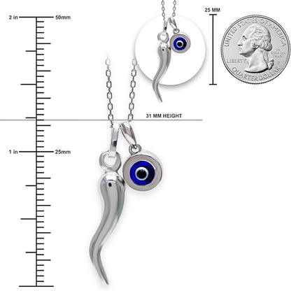 Silver Italian Horn with Evil Eye Necklace