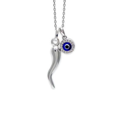 Silver Italian Horn with Evil Eye Necklace
